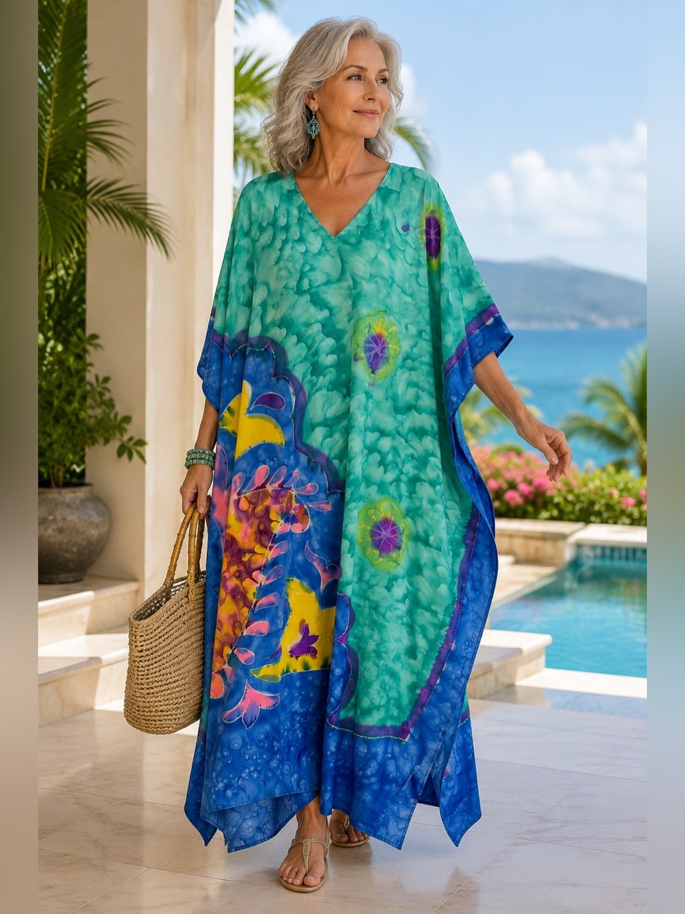 Saybury Hand Painted Kaftan Maxi Dress Free Size Floral Boho Art Wear Dopamine